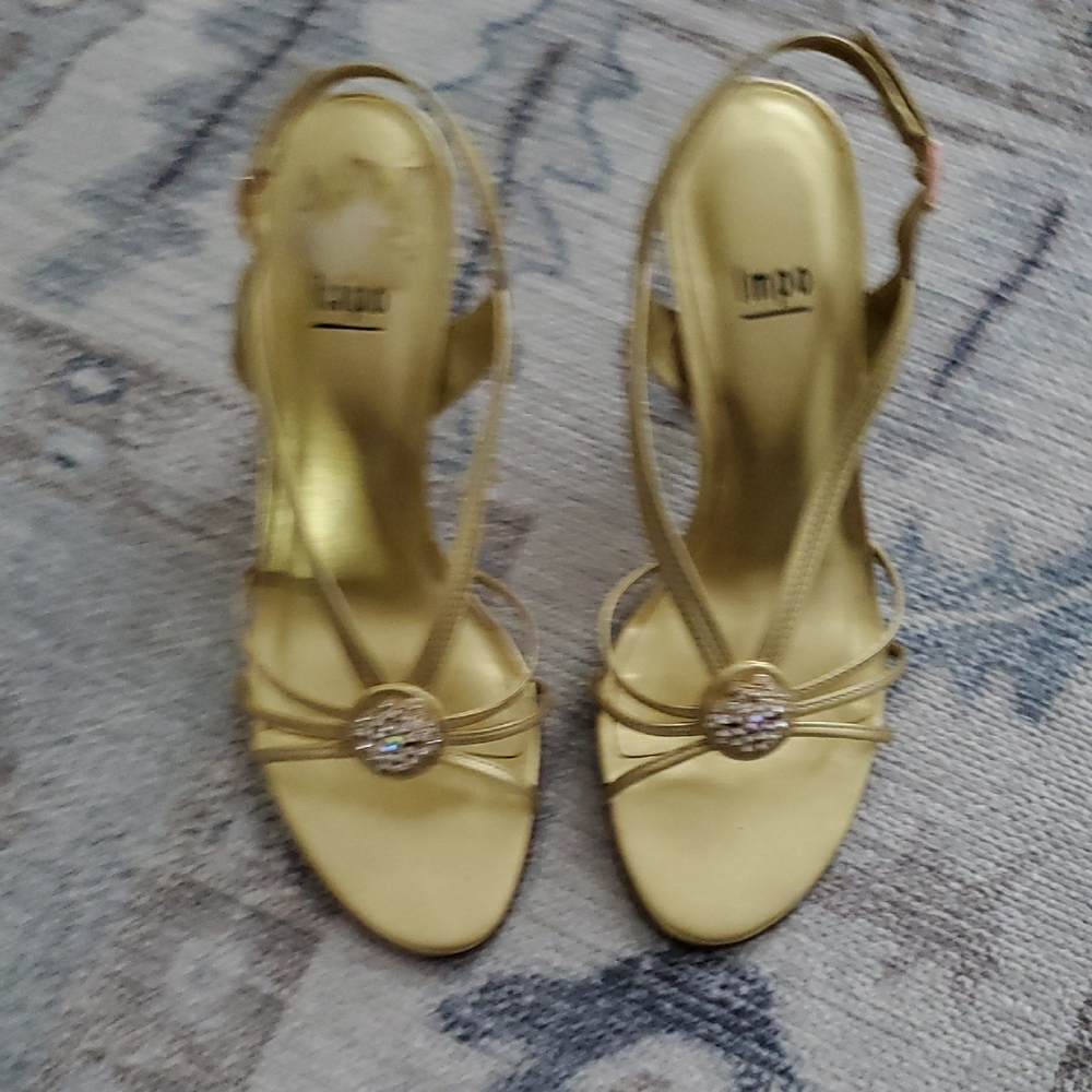 Impo Gold Strappy Rhinestone Sandal Heels Sz7 - Picture 2 of 9
